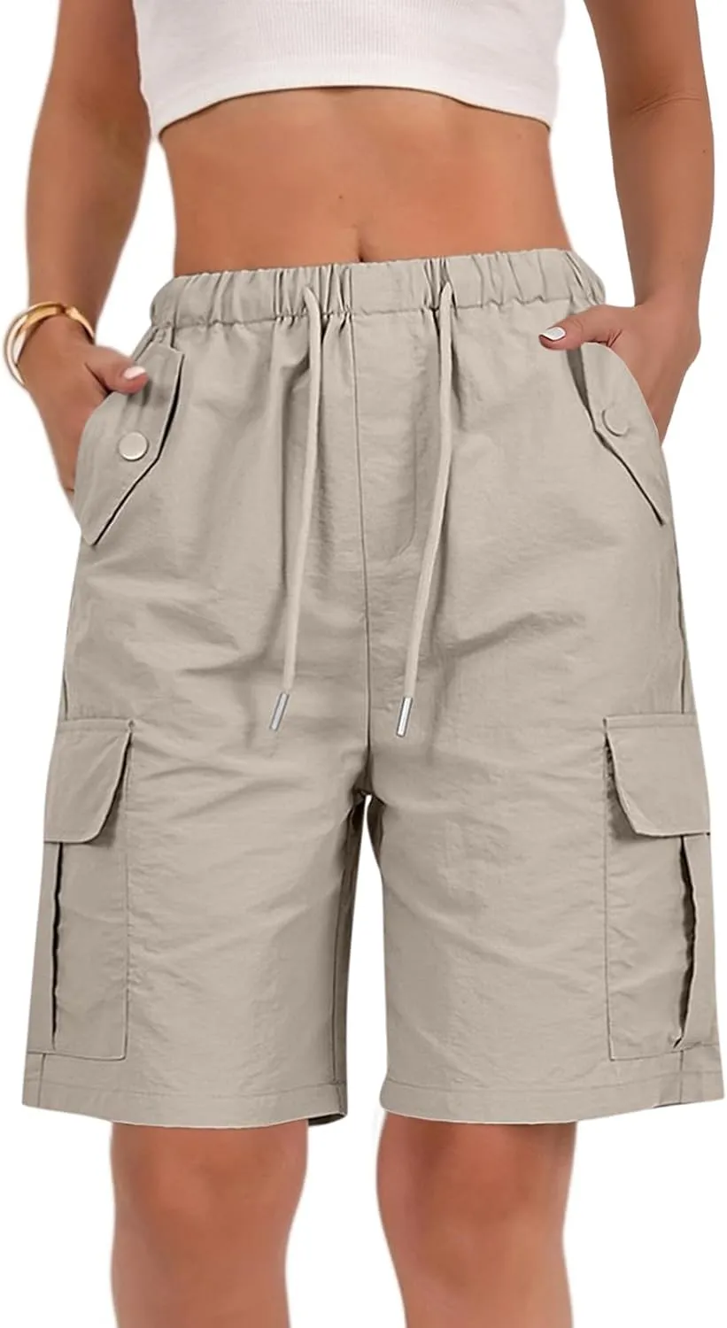 Gumipy Bermuda Shorts for Women Quick Dry Cargo Shorts with Pockets Elastic Waist Drawstring Knee Length Hiking Short
