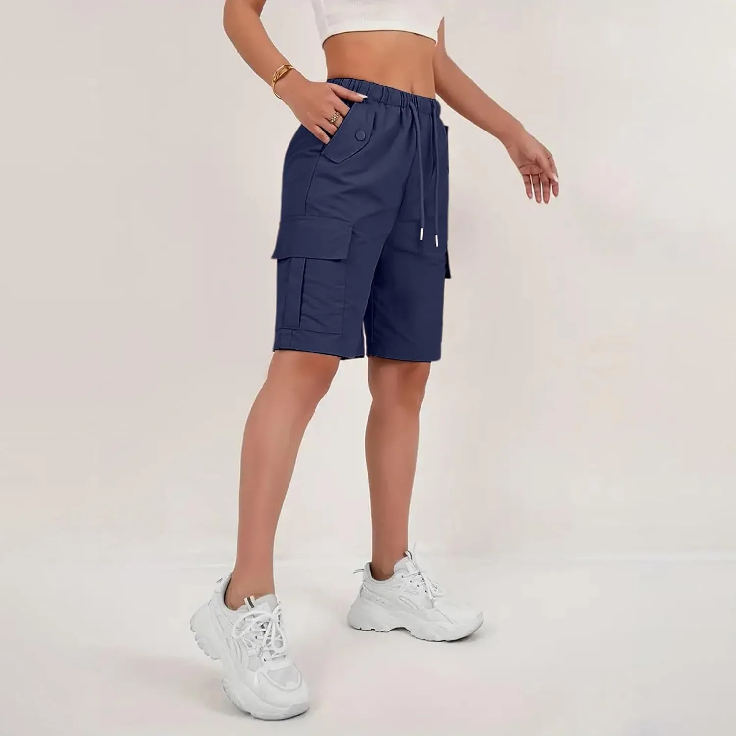 Gumipy Bermuda Shorts for Women Quick Dry Cargo Shorts with Pockets Elastic Waist Drawstring Knee Length Hiking Short