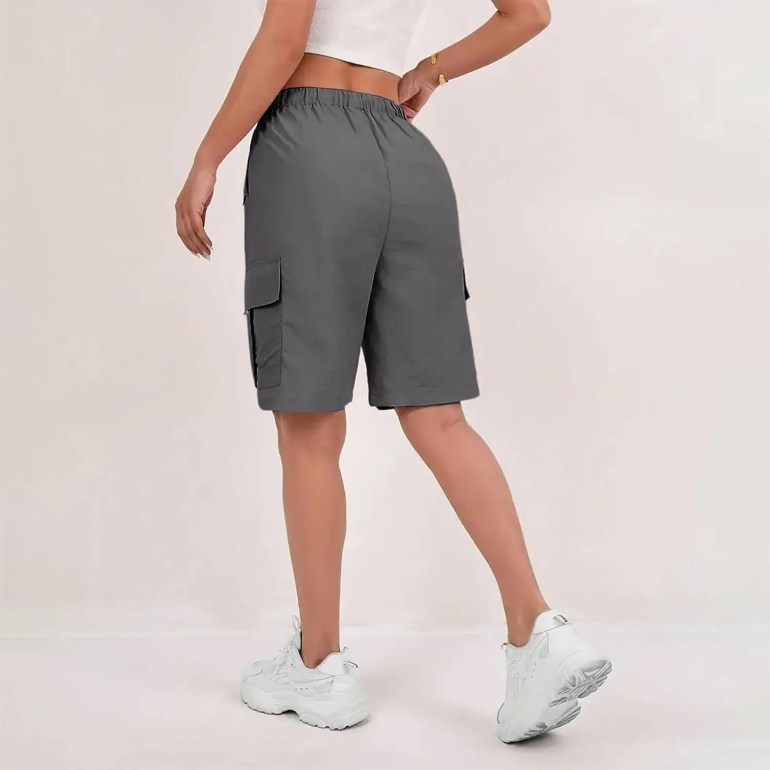 Gumipy Bermuda Shorts for Women Quick Dry Cargo Shorts with Pockets Elastic Waist Drawstring Knee Length Hiking Short