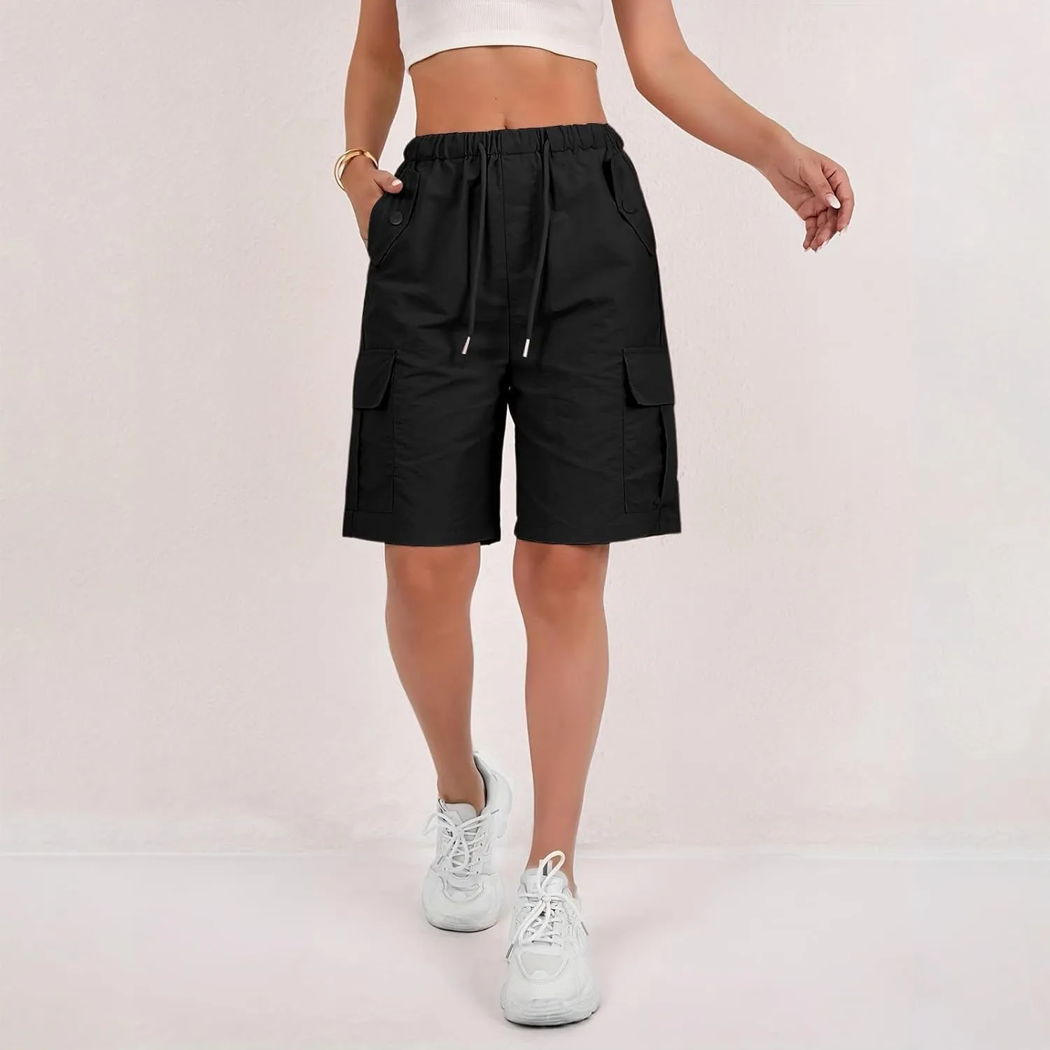 Gumipy Bermuda Shorts for Women Quick Dry Cargo Shorts with Pockets Elastic Waist Drawstring Knee Length Hiking Short