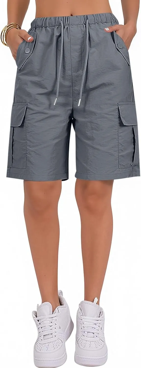 Gumipy Bermuda Shorts for Women Quick Dry Cargo Shorts with Pockets Elastic Waist Drawstring Knee Length Hiking Short