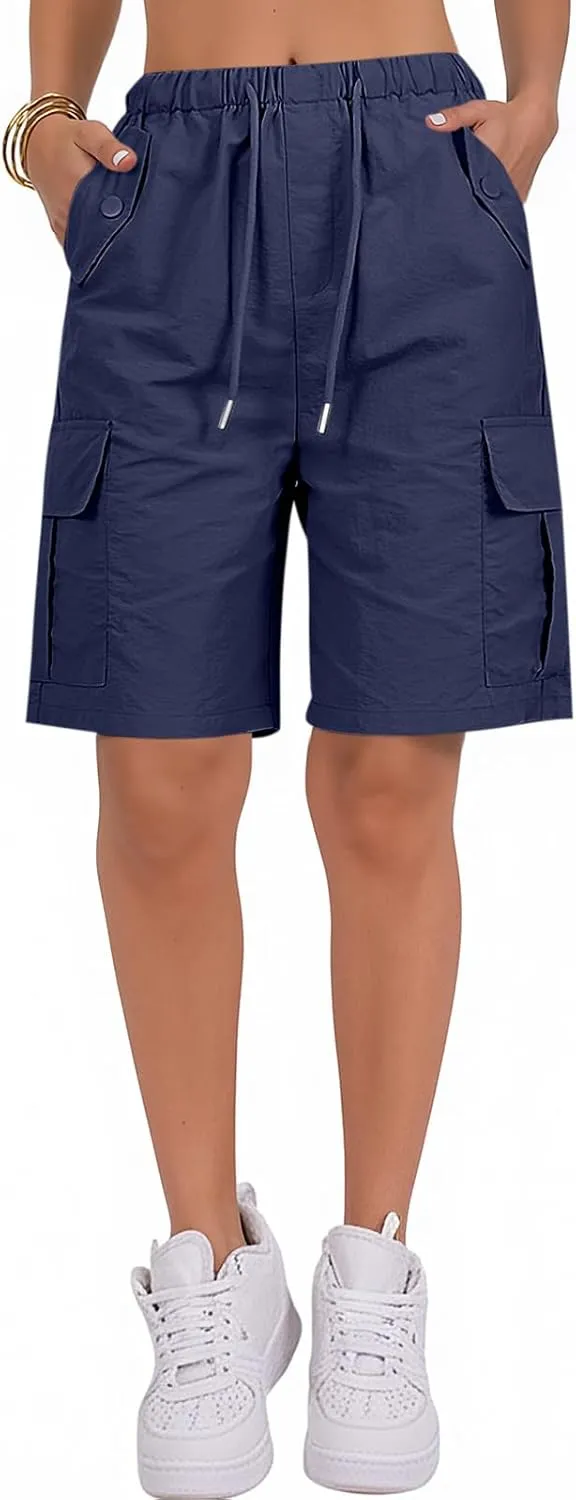 Gumipy Bermuda Shorts for Women Quick Dry Cargo Shorts with Pockets Elastic Waist Drawstring Knee Length Hiking Short