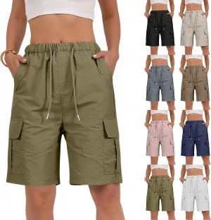 Gumipy Bermuda Shorts for Women Quick Dry Cargo Shorts with Pockets Elastic Waist Drawstring Knee Length Hiking Short
