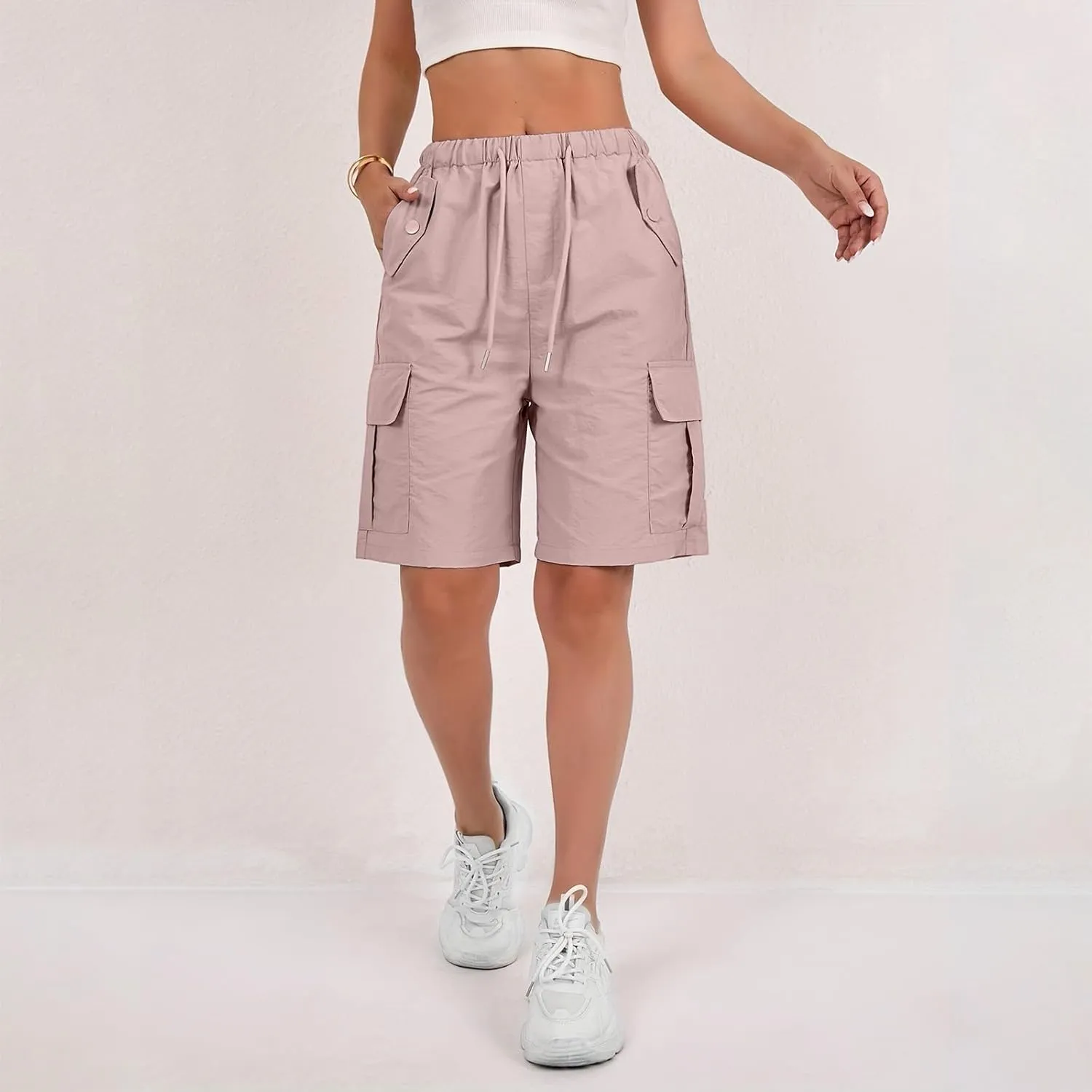 Gumipy Bermuda Shorts for Women Quick Dry Cargo Shorts with Pockets Elastic Waist Drawstring Knee Length Hiking Short