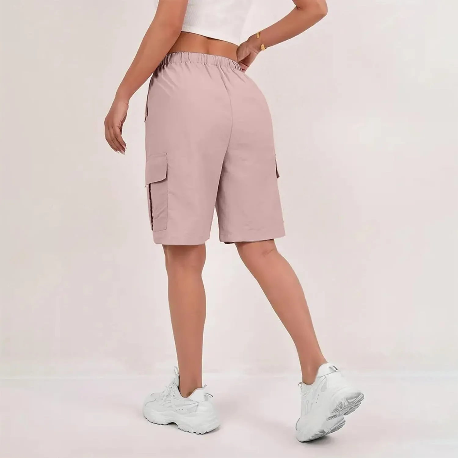 Gumipy Bermuda Shorts for Women Quick Dry Cargo Shorts with Pockets Elastic Waist Drawstring Knee Length Hiking Short