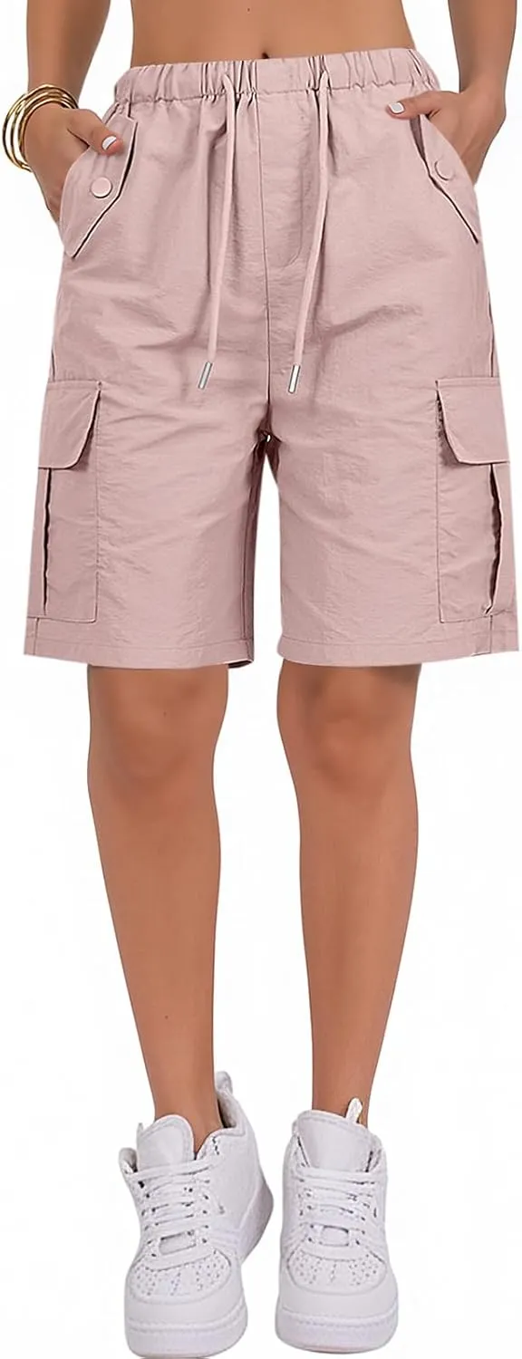 Gumipy Bermuda Shorts for Women Quick Dry Cargo Shorts with Pockets Elastic Waist Drawstring Knee Length Hiking Short