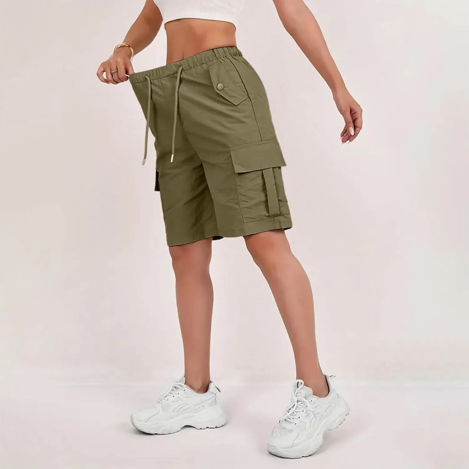 Gumipy Bermuda Shorts for Women Quick Dry Cargo Shorts with Pockets Elastic Waist Drawstring Knee Length Hiking Short