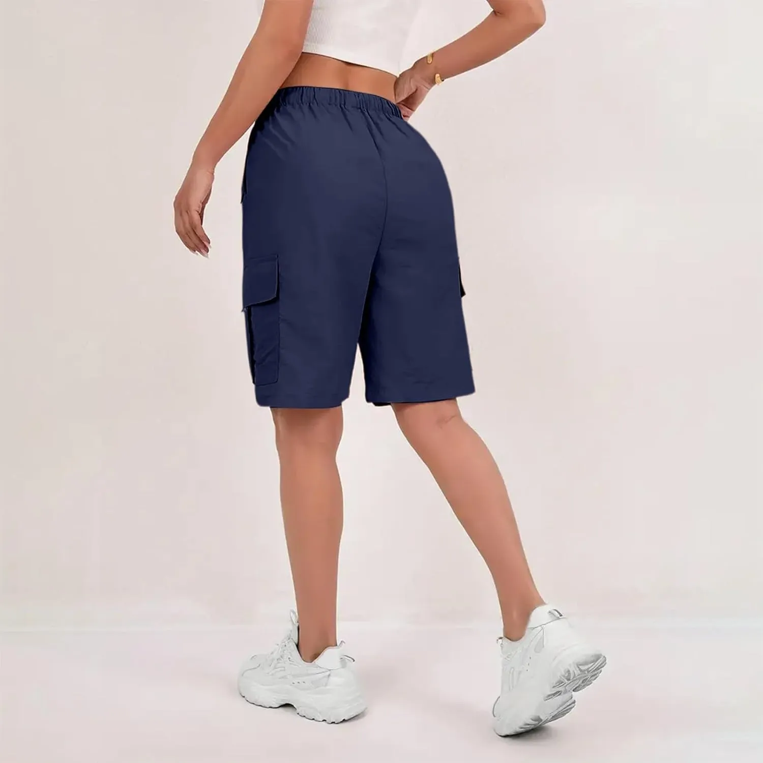 Gumipy Bermuda Shorts for Women Quick Dry Cargo Shorts with Pockets Elastic Waist Drawstring Knee Length Hiking Short