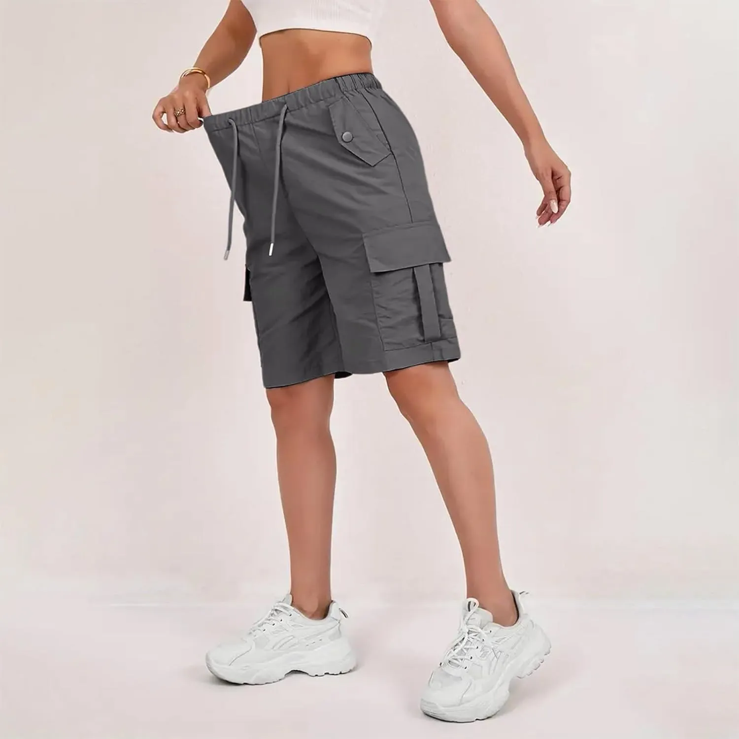 Gumipy Bermuda Shorts for Women Quick Dry Cargo Shorts with Pockets Elastic Waist Drawstring Knee Length Hiking Short