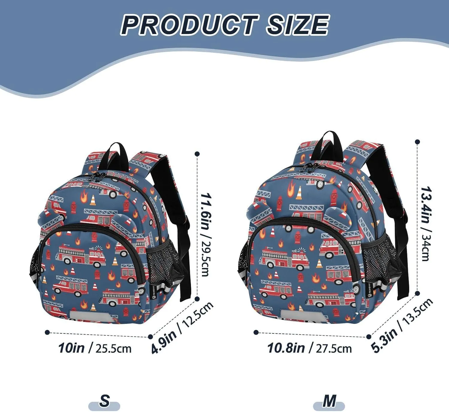 Hand Drawn Preschool Backpack Fire Trucks Daycare Bookbag School Backpack with Traction Rope Fashion Casual Cartoon School Travel Picnic Birthday for Kids 3-6