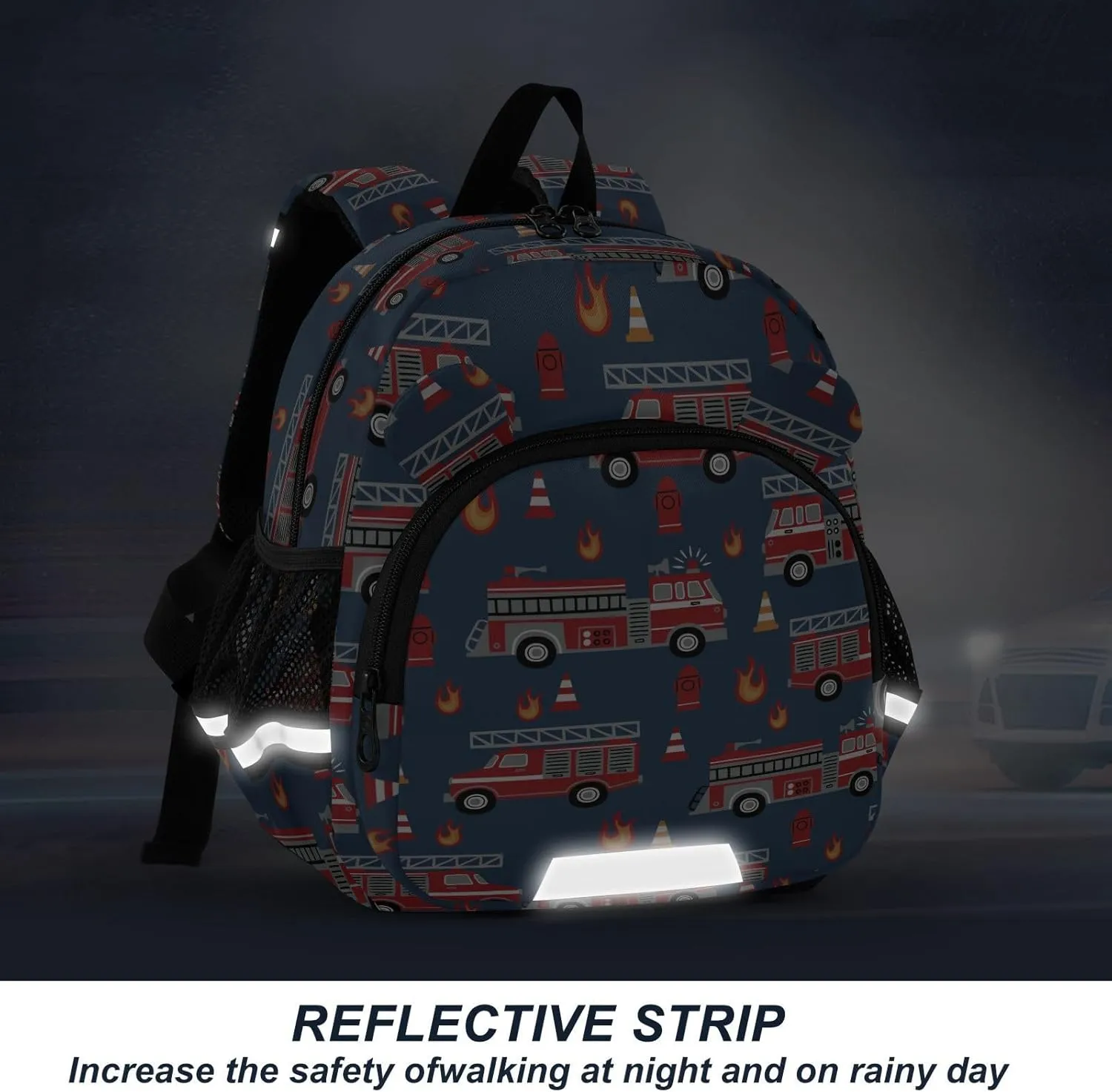Hand Drawn Preschool Backpack Fire Trucks Daycare Bookbag School Backpack with Traction Rope Fashion Casual Cartoon School Travel Picnic Birthday for Kids 3-6