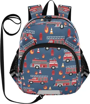 Hand Drawn Preschool Backpack Fire Trucks Daycare Bookbag School Backpack with Traction Rope Fashion Casual Cartoon School Travel Picnic Birthday for Kids 3-6