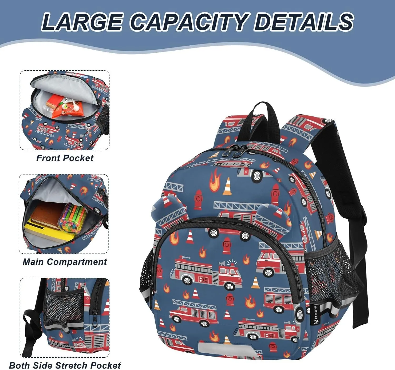 Hand Drawn Preschool Backpack Fire Trucks Daycare Bookbag School Backpack with Traction Rope Fashion Casual Cartoon School Travel Picnic Birthday for Kids 3-6