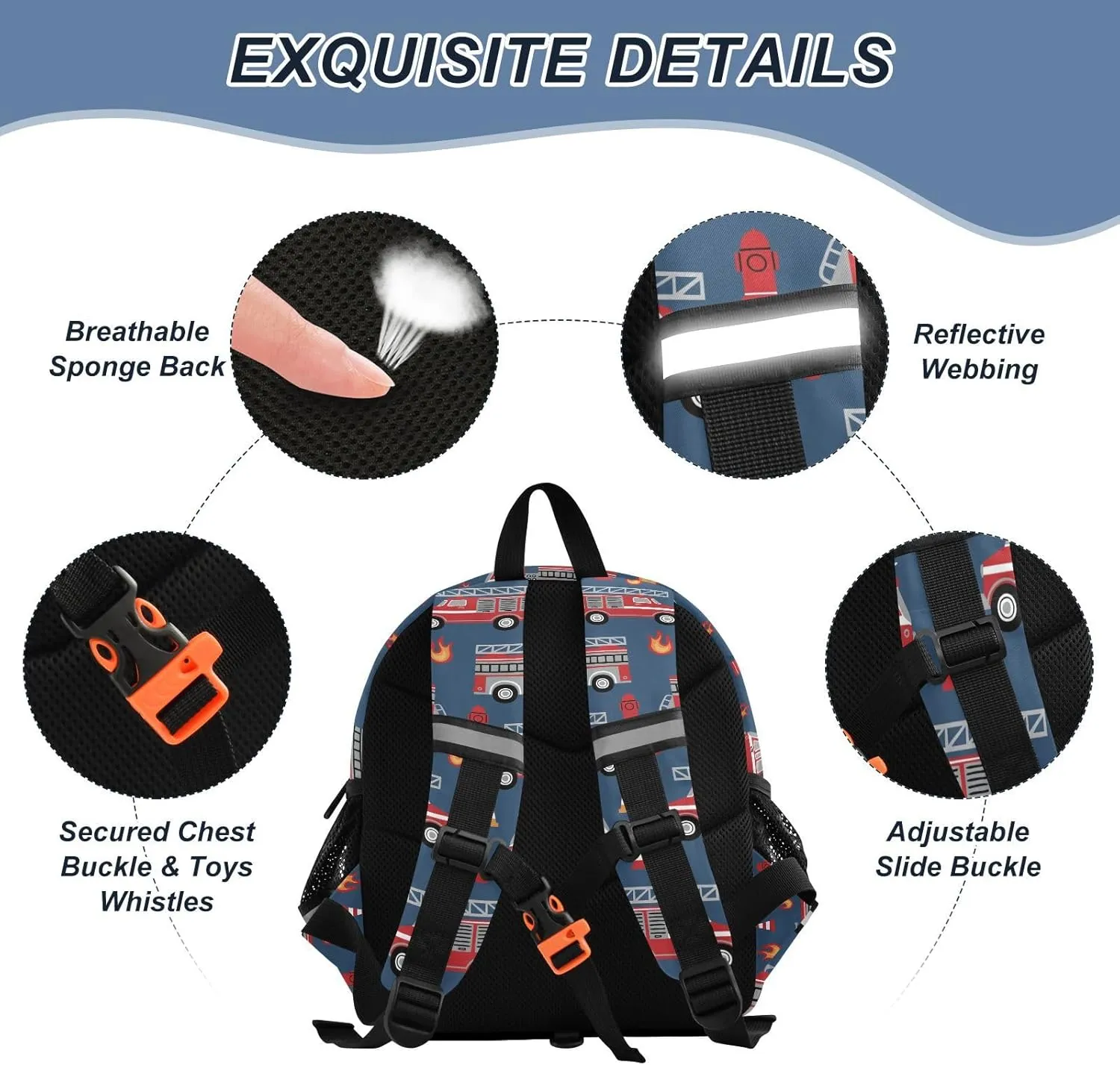 Hand Drawn Preschool Backpack Fire Trucks Daycare Bookbag School Backpack with Traction Rope Fashion Casual Cartoon School Travel Picnic Birthday for Kids 3-6