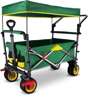 Handcart, Folding Camping Cart Garden Wagon, 4 Wheeled Collapsible Festival Trolley,Removable Oxcloth,Adjustable Handle,100 Liters Super Large Capacity 120Kg/Green