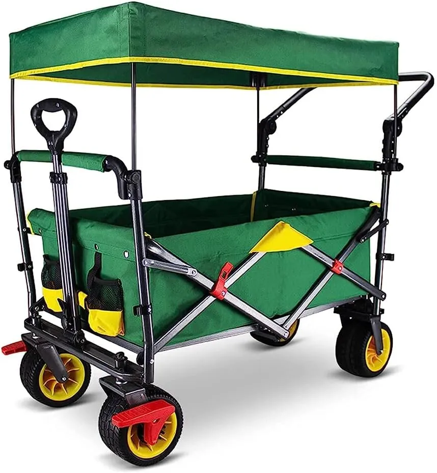 Handcart, Folding Camping Cart Garden Wagon, 4 Wheeled Collapsible Festival Trolley,Removable Oxcloth,Adjustable Handle,100 Liters Super Large Capacity 120Kg/Green