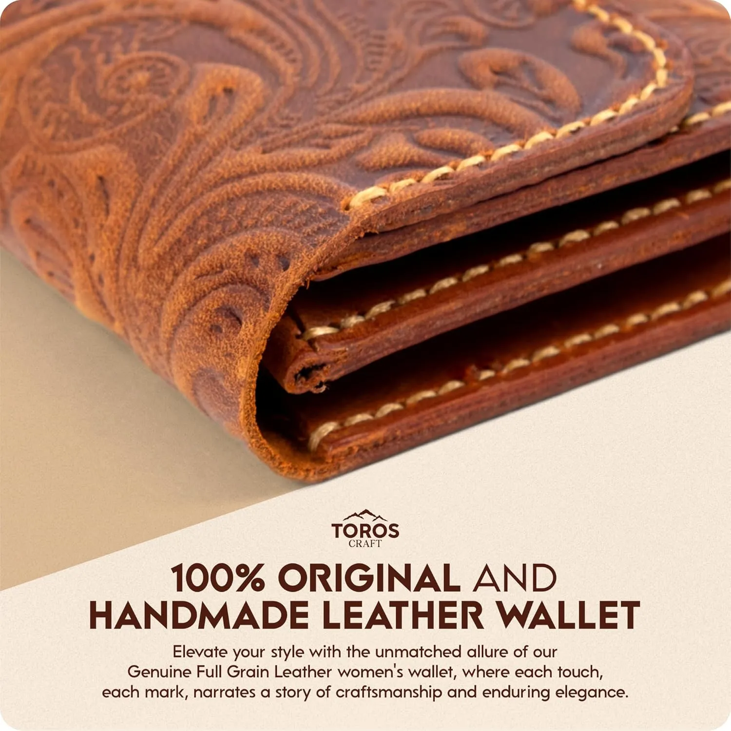 Handmade Wristlet Wallets for Women, Western Floral Leather Small Credit Card Holder with Zipper, Minimalist & Cute Coin Pouch, Genuine Leather, Camel