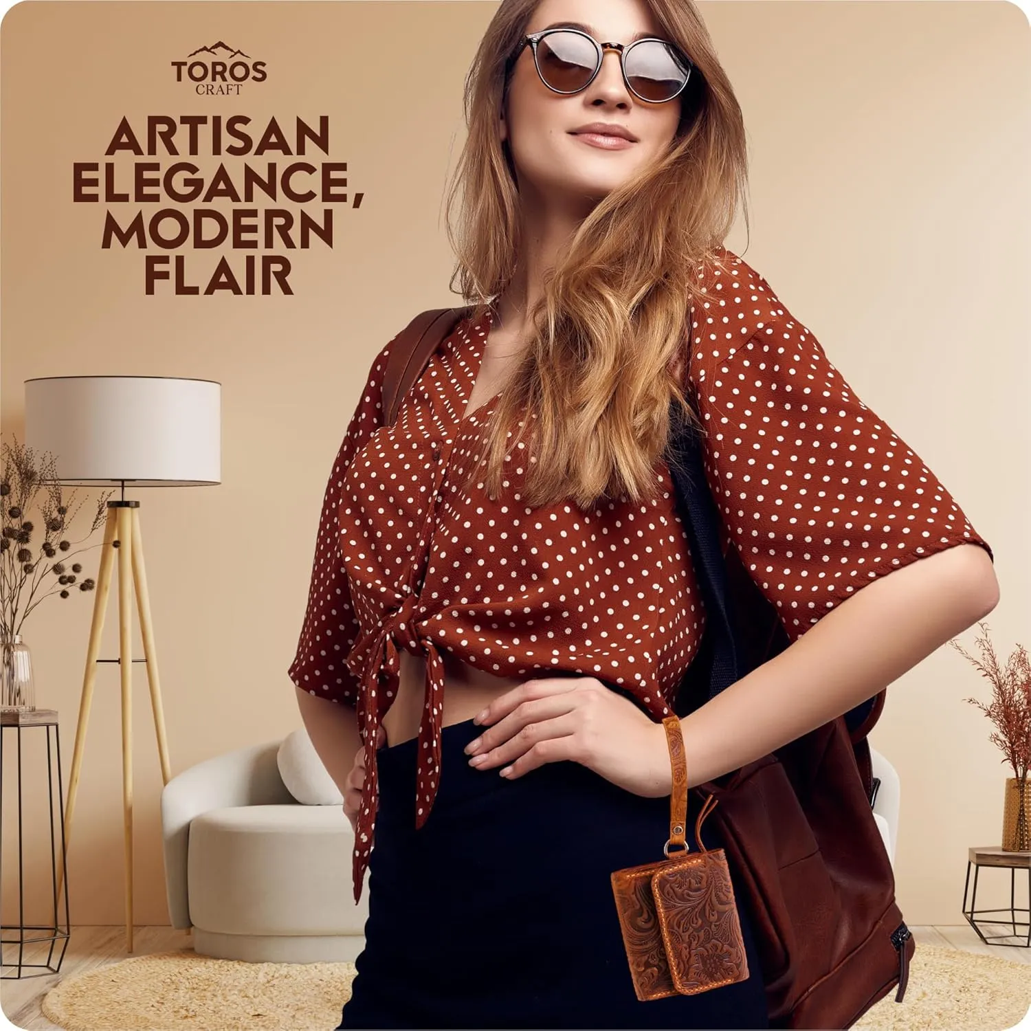 Handmade Wristlet Wallets for Women, Western Floral Leather Small Credit Card Holder with Zipper, Minimalist & Cute Coin Pouch, Genuine Leather, Camel