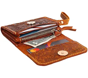 Handmade Wristlet Wallets for Women, Western Floral Leather Small Credit Card Holder with Zipper, Minimalist & Cute Coin Pouch, Genuine Leather, Camel