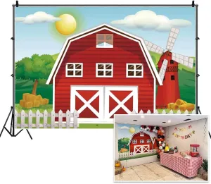 Haoyiyi 9x6ft Happy Birthday Background Cartoon Red Barn Farm Green Grass Trees Fence House Wildmill Backdrop Photography Photo 1st First Princess Favors Party Photo Booth Studio Prop