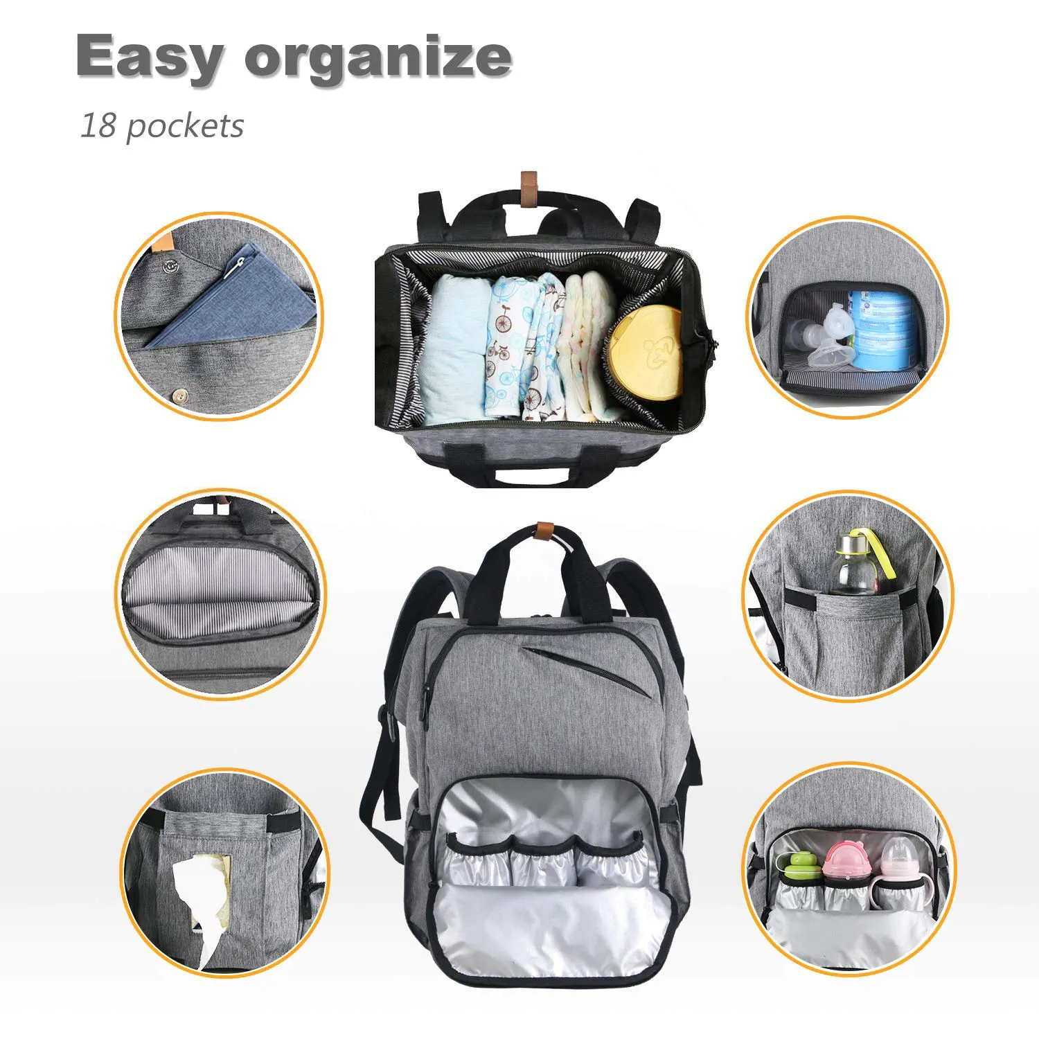Hap Tim Diaper Bag Backpack,Large Capacity Travel Back Pack Maternity Baby Nappy Changing Bags, Double Compartments with Stroller Straps,Waterproof,Grey (US7340-G)