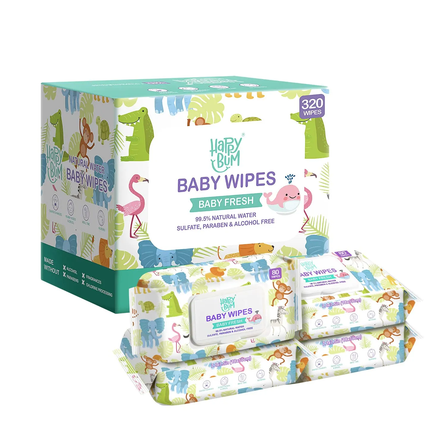 HAPPY BUM Sensitive Water Baby Diaper Wipes, Baby Wipes, Unscented, 4 Flip-top packs (320 Wipes Total)