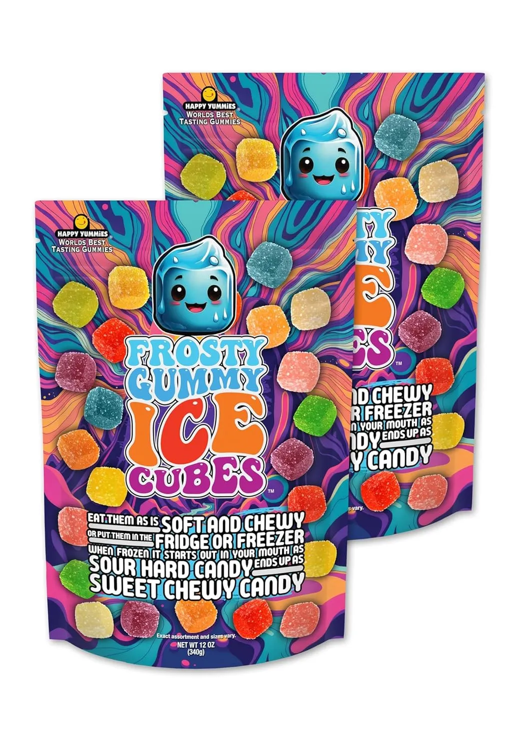 Happy Yummmies Gummy Ice Cubes Mix, Multi Flavor Gummy Candy, Sugared Gummy Cubes, Gummy Candy Snacks, Gourmet Candies, with fun Resealable Bag – 12oz, 2 Pack