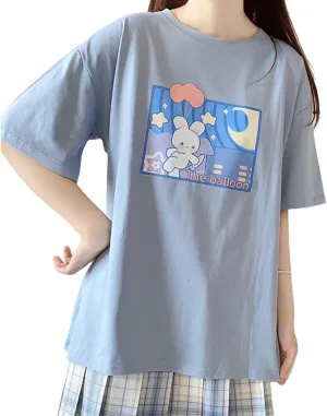 Harajuku Style Kawaii Fashion Pastel Gothic Clothes Soft Crewneck Cartoon Bunny with Balloon Print T-Shirt