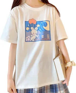 Harajuku Style Kawaii Fashion Pastel Gothic Clothes Soft Crewneck Cartoon Bunny with Balloon Print T-Shirt