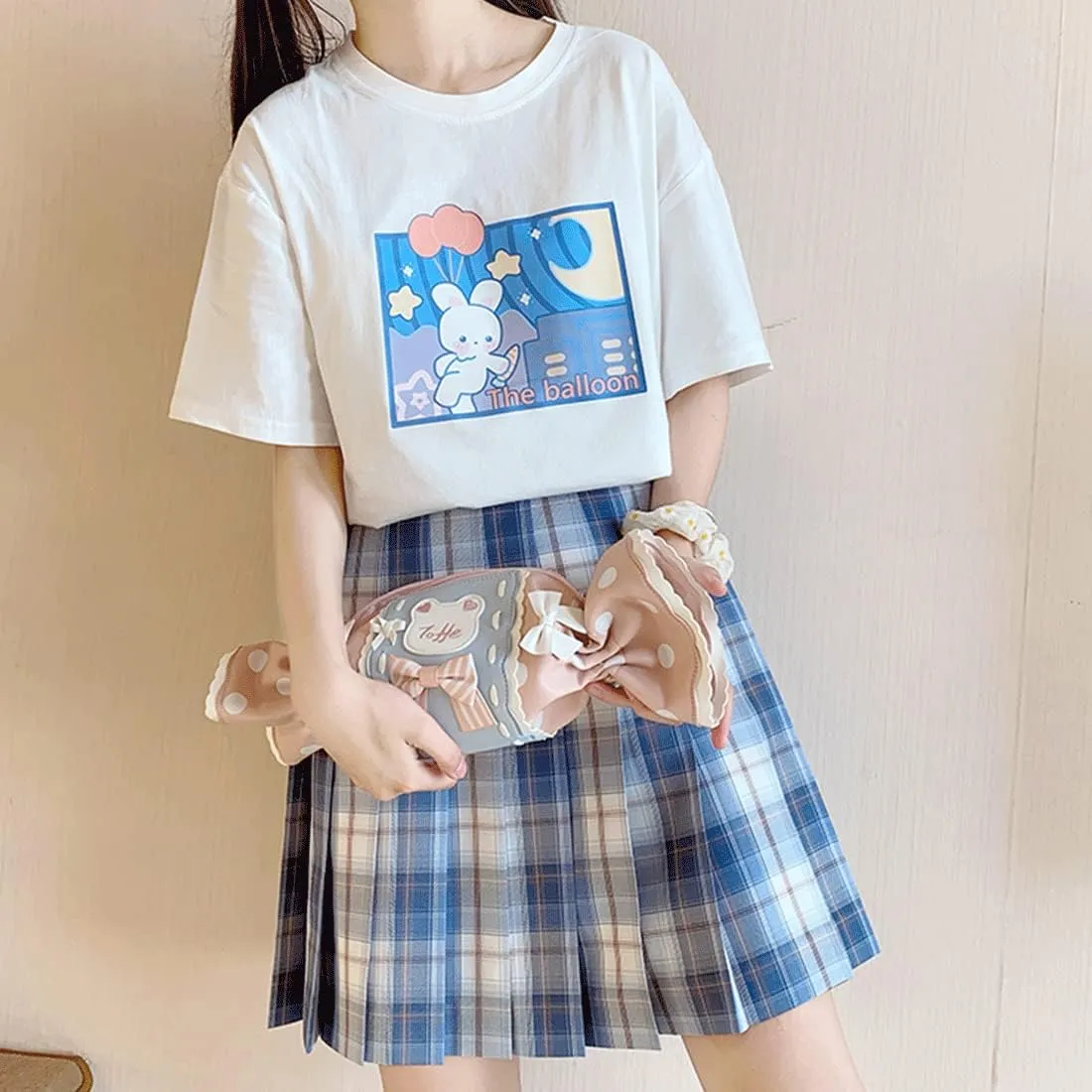 Harajuku Style Kawaii Fashion Pastel Gothic Clothes Soft Crewneck Cartoon Bunny with Balloon Print T-Shirt