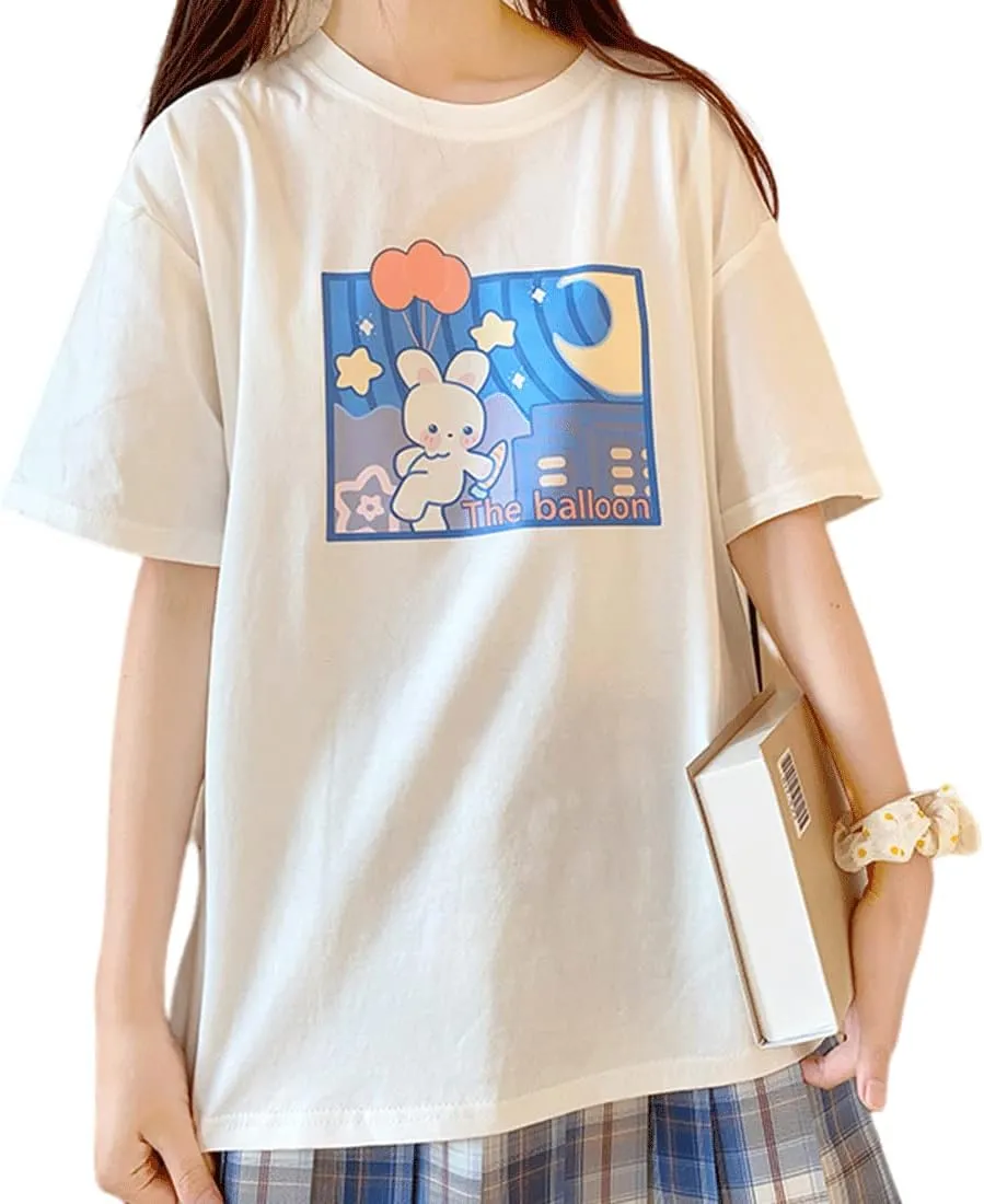 Harajuku Style Kawaii Fashion Pastel Gothic Clothes Soft Crewneck Cartoon Bunny with Balloon Print T-Shirt