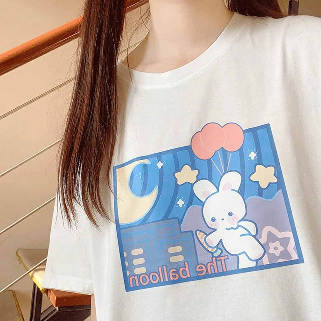Harajuku Style Kawaii Fashion Pastel Gothic Clothes Soft Crewneck Cartoon Bunny with Balloon Print T-Shirt
