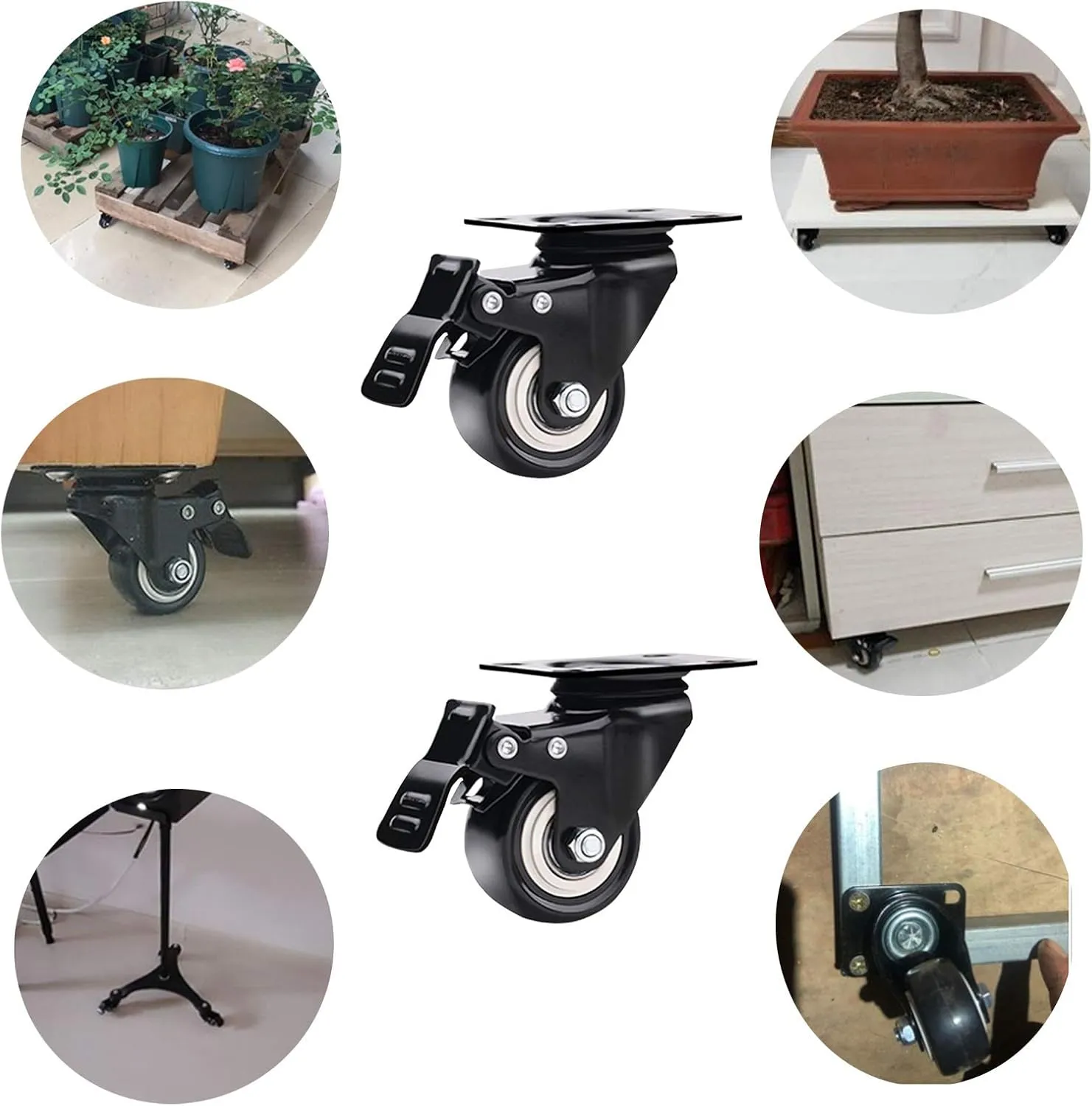 Heavy Duty Wheels, 4 Heavy Duty Castor Wheels Furniture Castors Wheels No Noise Industrial Plate Casters Swivel Caster with Brakes,with Screws,for Shelves, Trolleys, Sofas,Black(1.5i(2inch)