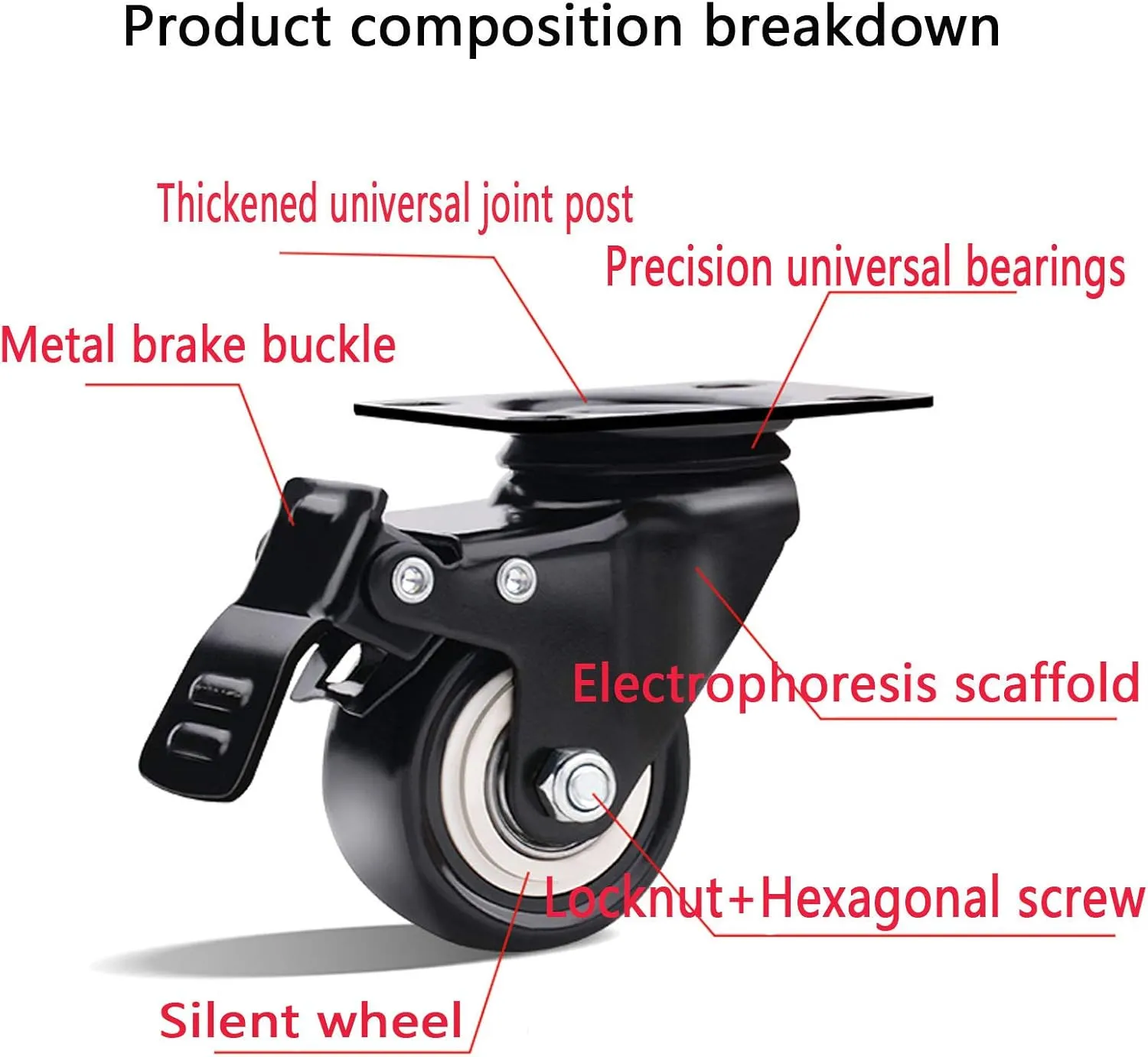 Heavy Duty Wheels, 4 Heavy Duty Castor Wheels Furniture Castors Wheels No Noise Industrial Plate Casters Swivel Caster with Brakes,with Screws,for Shelves, Trolleys, Sofas,Black(1.5i(2inch)