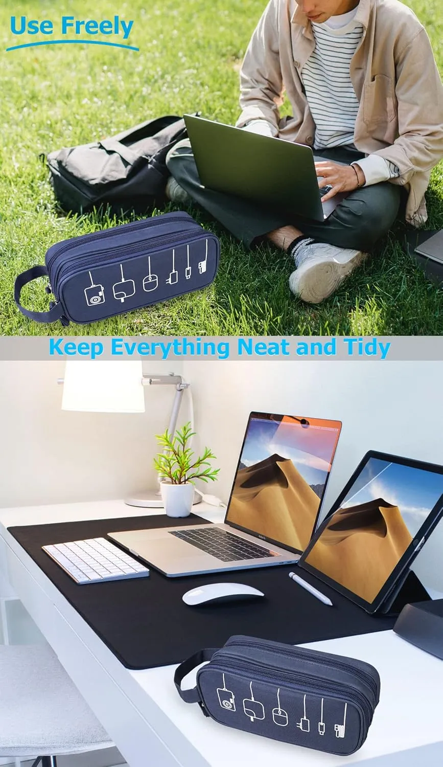 HESTECH Electronics Organizer Travel Charger Case Cord Cable Organizer Bag Portable Waterproof Double Layers All-in-one Storage for Charger Mouse Earbud USB Drive (Navy Blue, Medium)