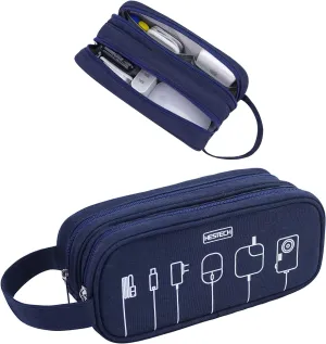 HESTECH Electronics Organizer Travel Charger Case Cord Cable Organizer Bag Portable Waterproof Double Layers All-in-one Storage for Charger Mouse Earbud USB Drive (Navy Blue, Medium)