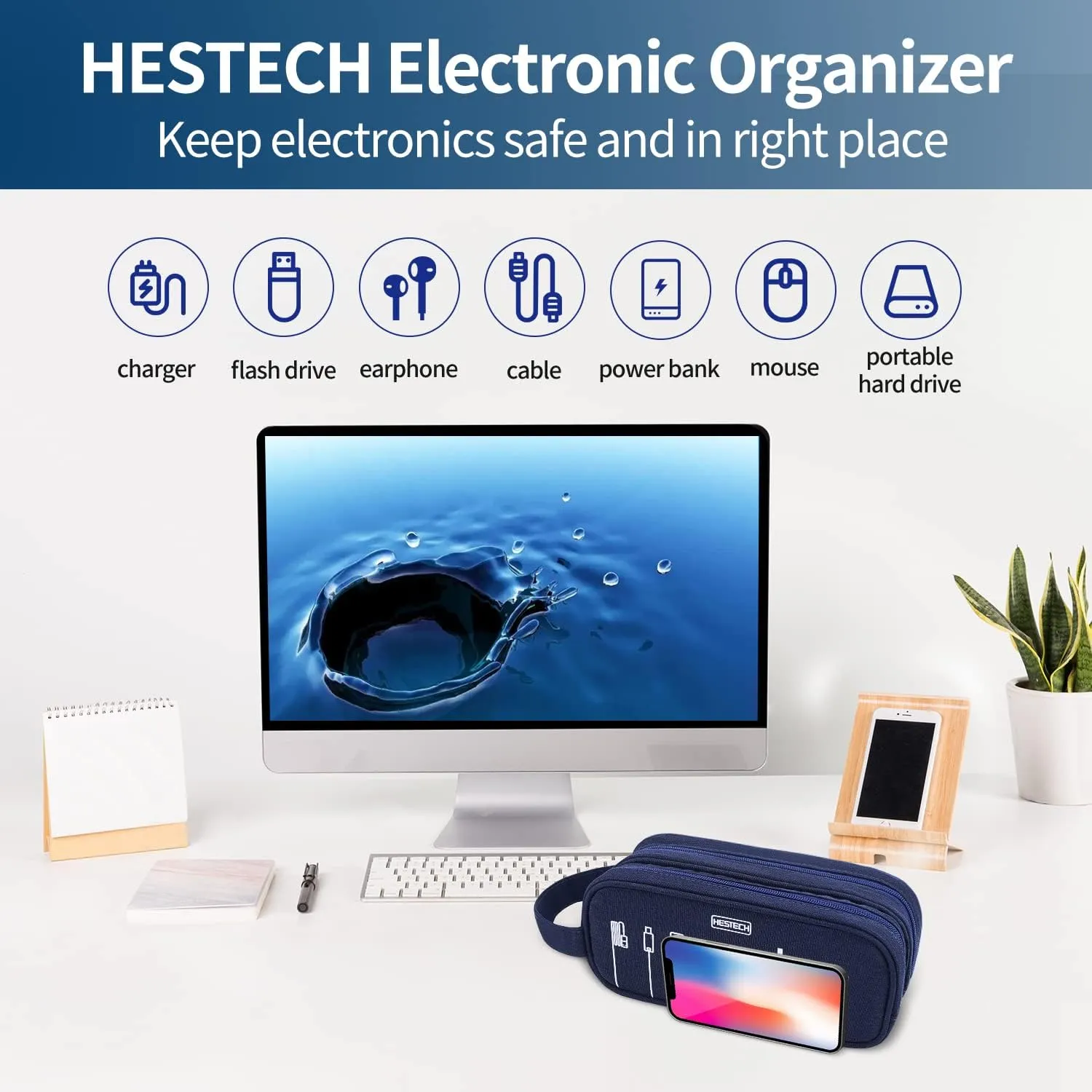 HESTECH Electronics Organizer Travel Charger Case Cord Cable Organizer Bag Portable Waterproof Double Layers All-in-one Storage for Charger Mouse Earbud USB Drive (Navy Blue, Medium)