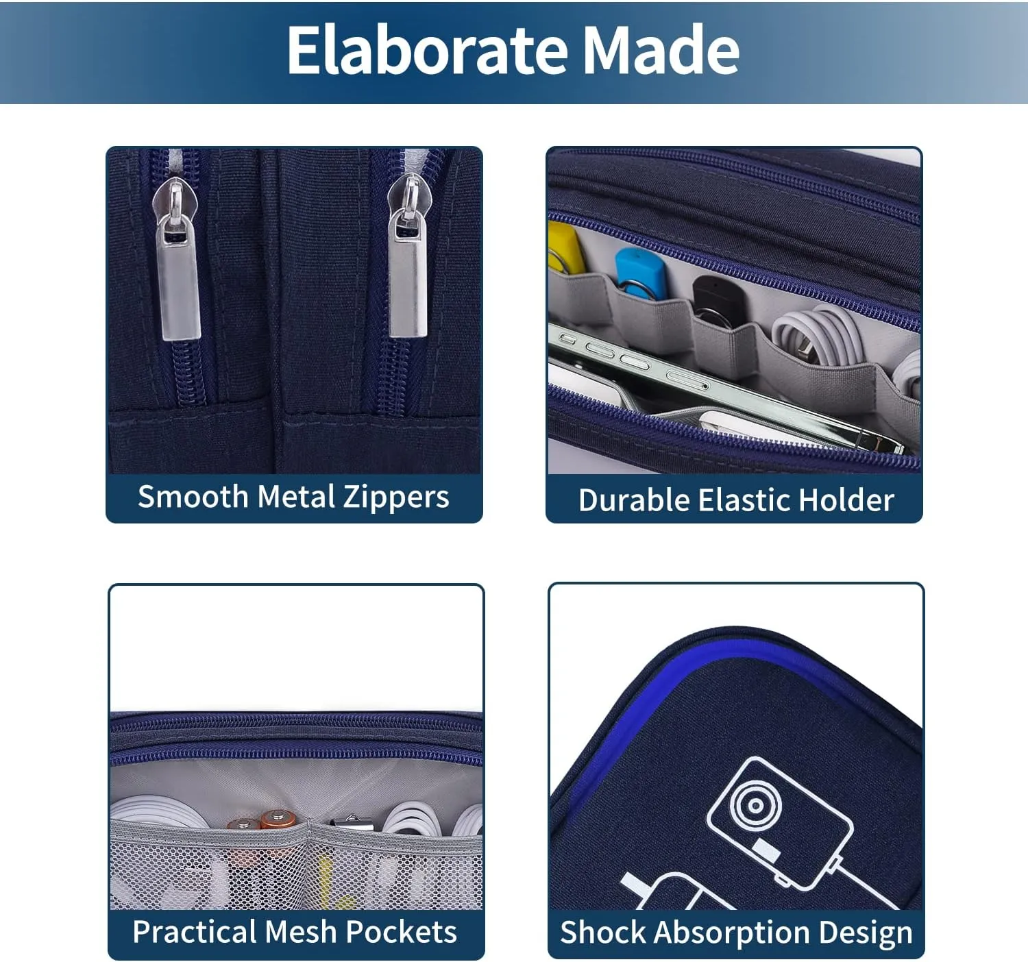 HESTECH Electronics Organizer Travel Charger Case Cord Cable Organizer Bag Portable Waterproof Double Layers All-in-one Storage for Charger Mouse Earbud USB Drive (Navy Blue, Medium)