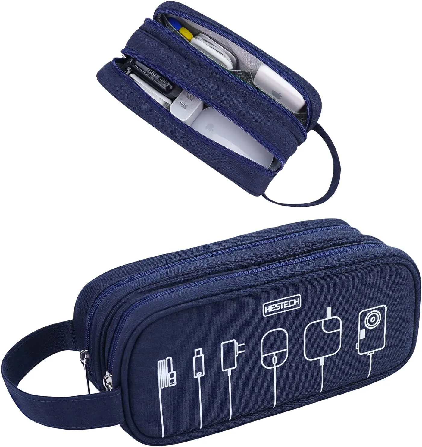 HESTECH Electronics Organizer Travel Charger Case Cord Cable Organizer Bag Portable Waterproof Double Layers All-in-one Storage for Charger Mouse Earbud USB Drive (Navy Blue, Medium)