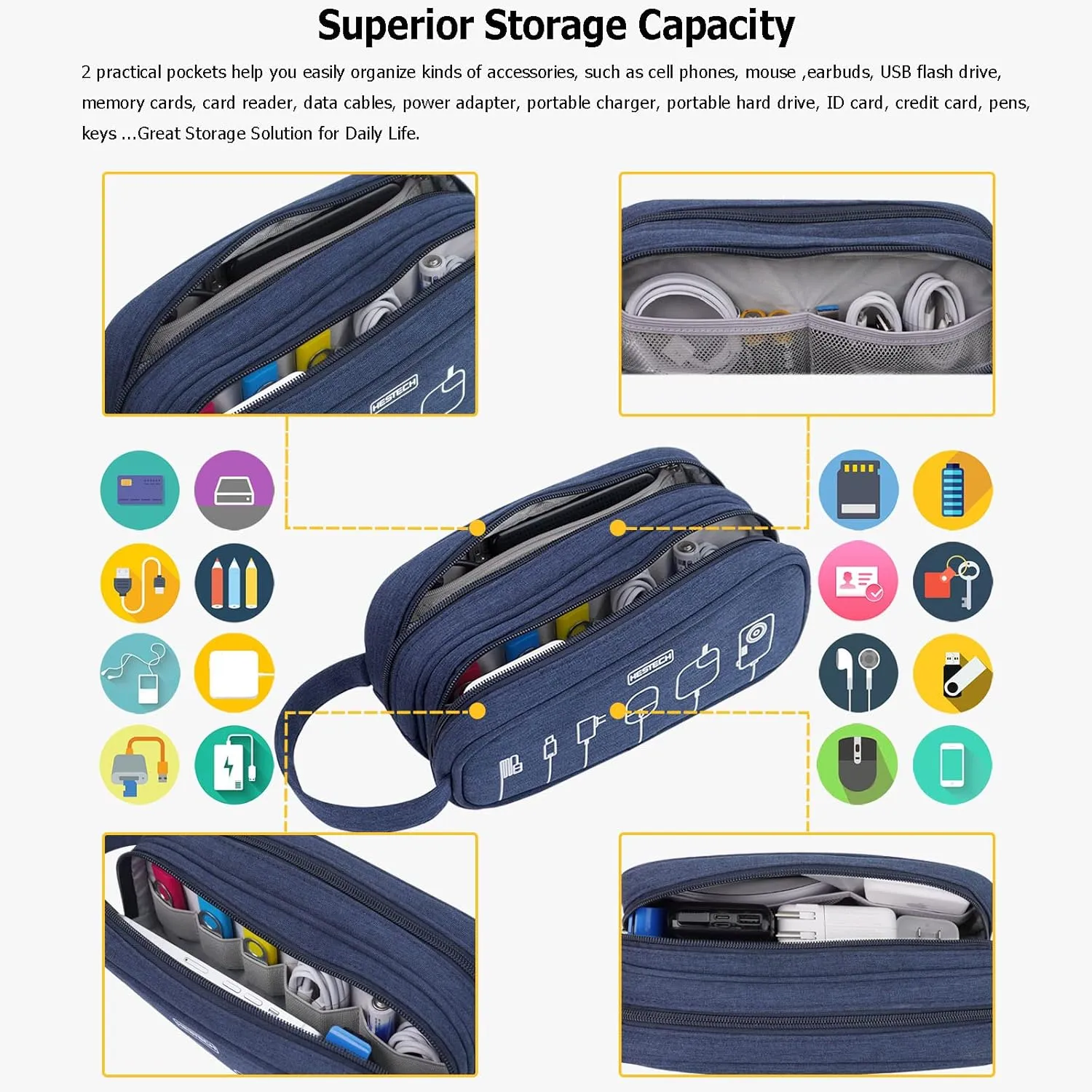 HESTECH Electronics Organizer Travel Charger Case Cord Cable Organizer Bag Portable Waterproof Double Layers All-in-one Storage for Charger Mouse Earbud USB Drive (Navy Blue, Medium)
