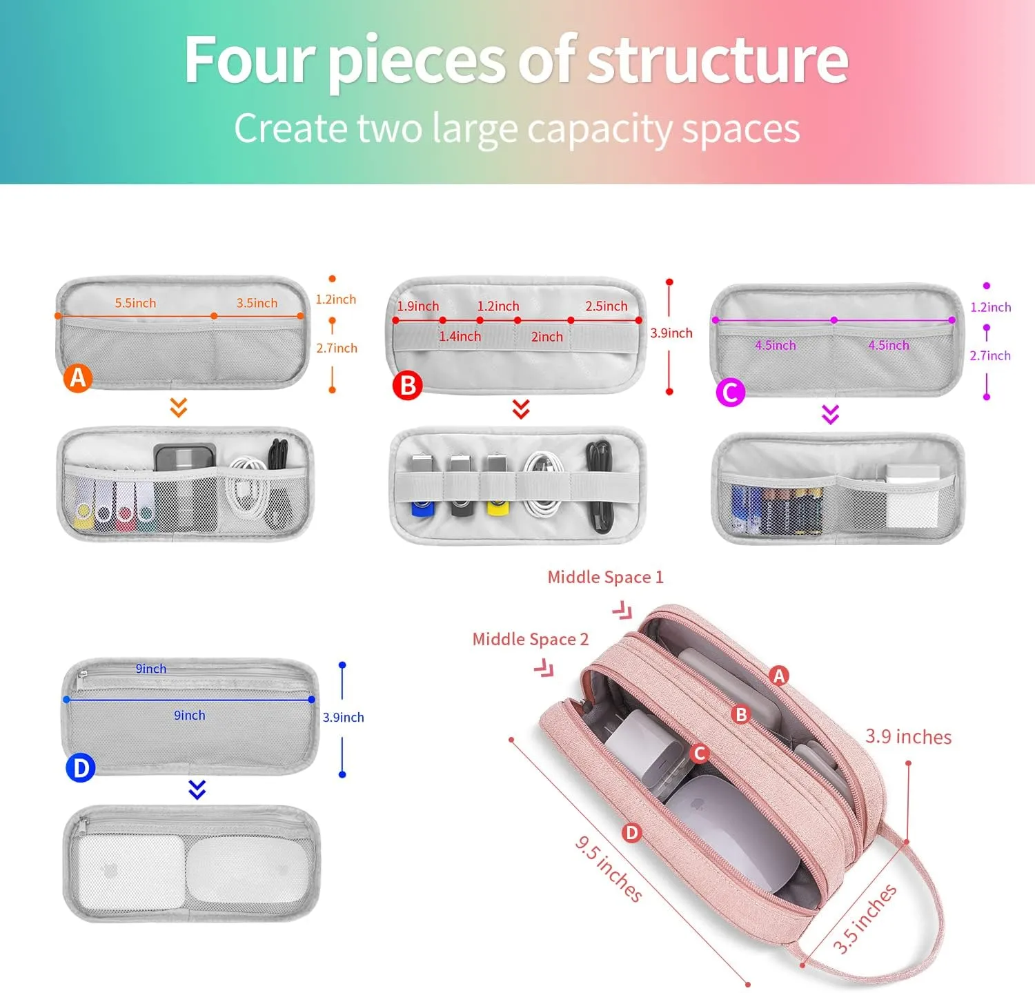 HESTECH Electronics Organizer Travel Charger Case Cord Cable Organizer Bag Portable Waterproof Double Layers All-in-one Storage for Charger Mouse Earbud USB Drive (Pink, Medium)