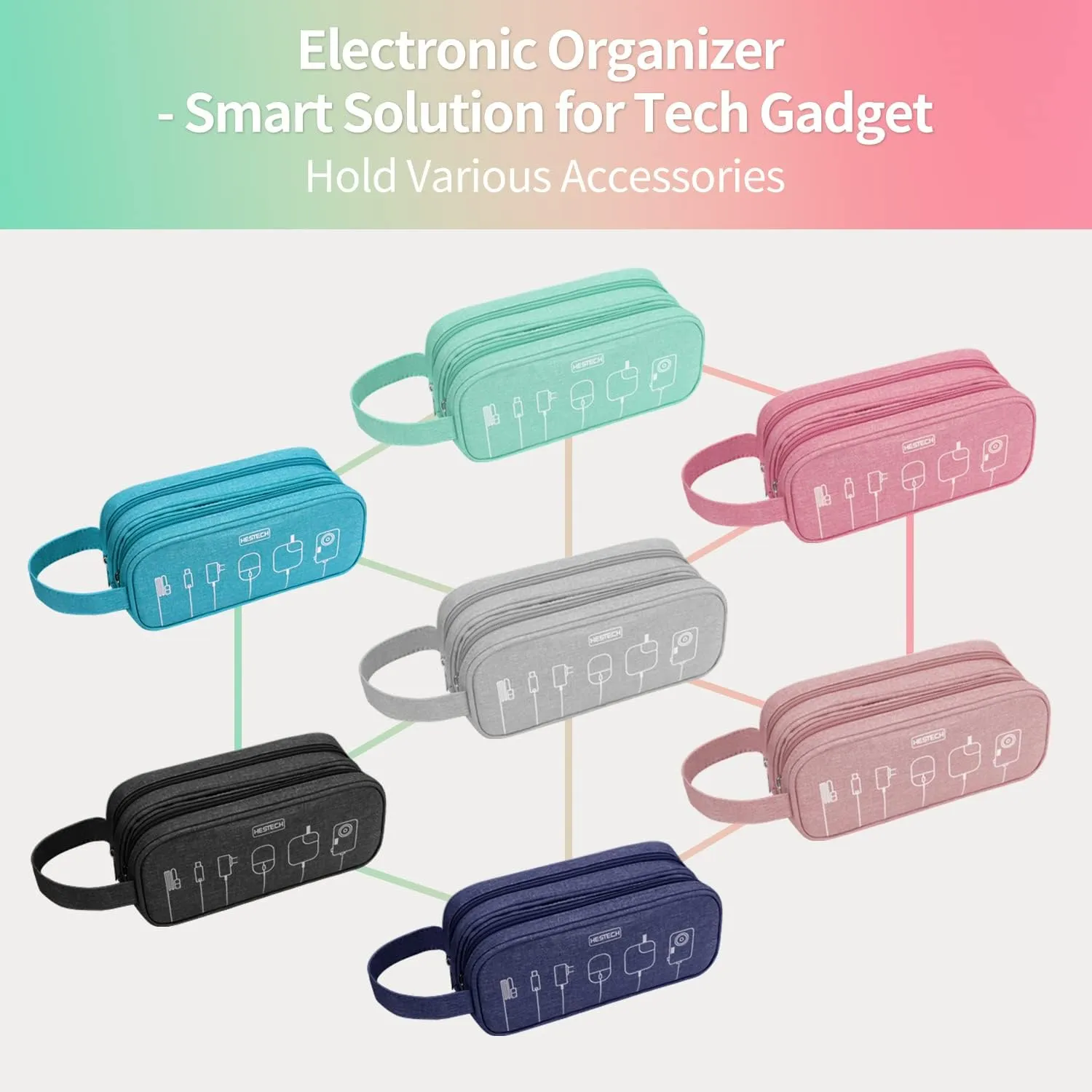 HESTECH Electronics Organizer Travel Charger Case Cord Cable Organizer Bag Portable Waterproof Double Layers All-in-one Storage for Charger Mouse Earbud USB Drive (Pink, Medium)