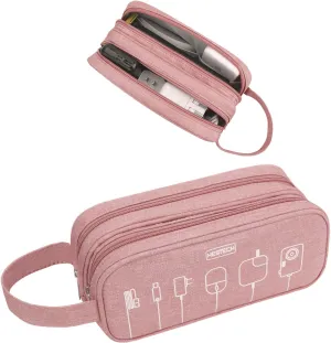 HESTECH Electronics Organizer Travel Charger Case Cord Cable Organizer Bag Portable Waterproof Double Layers All-in-one Storage for Charger Mouse Earbud USB Drive (Pink, Medium)