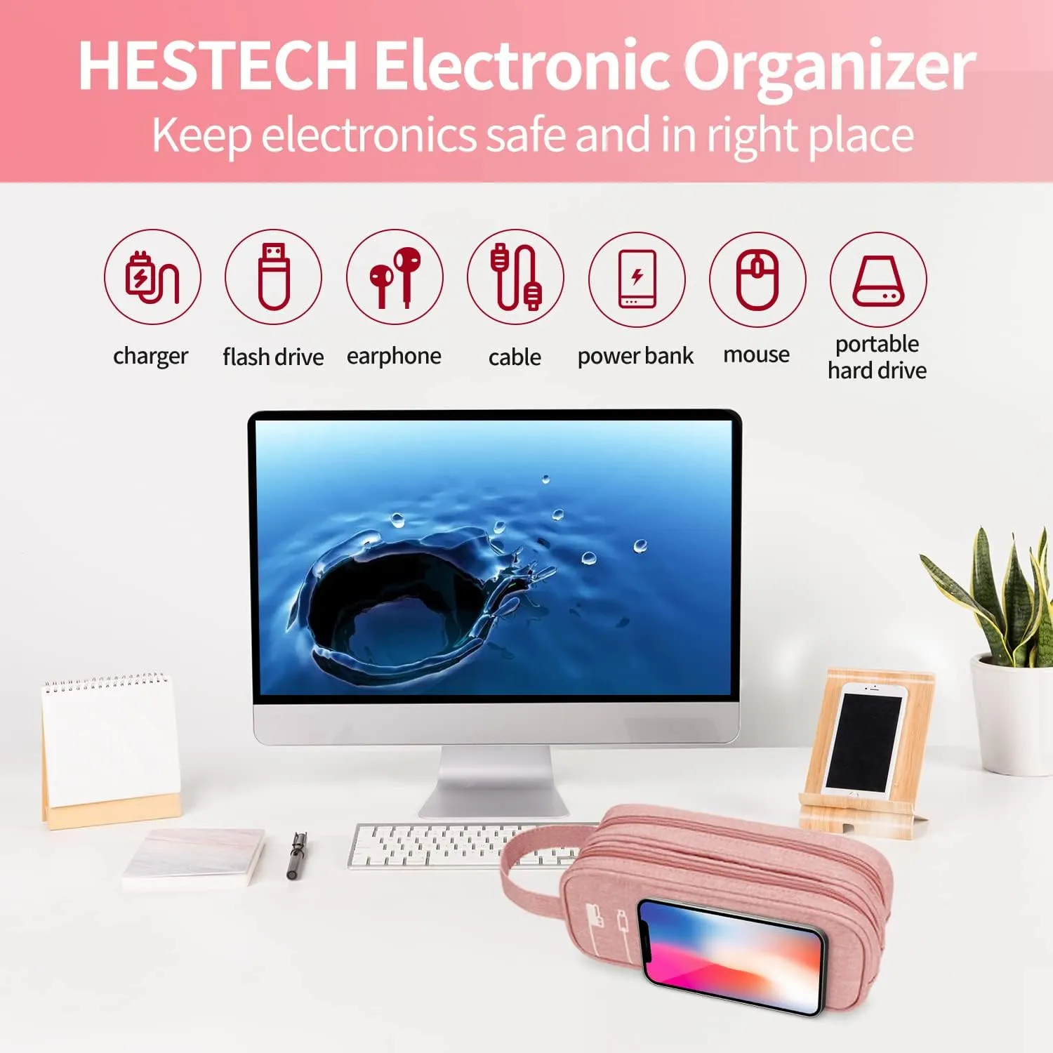 HESTECH Electronics Organizer Travel Charger Case Cord Cable Organizer Bag Portable Waterproof Double Layers All-in-one Storage for Charger Mouse Earbud USB Drive (Pink, Medium)