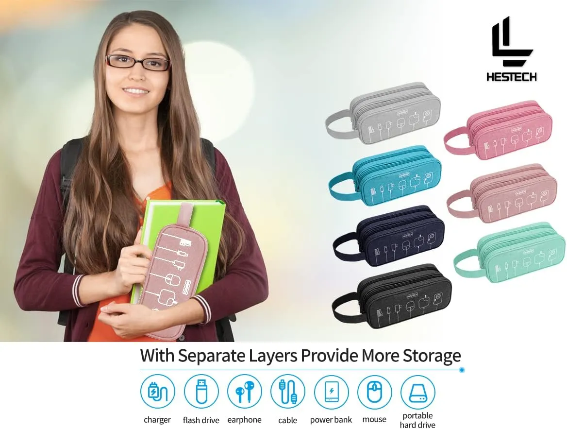 HESTECH Electronics Organizer Travel Charger Case Cord Cable Organizer Bag Portable Waterproof Double Layers All-in-one Storage for Charger Mouse Earbud USB Drive (Pink, Medium)