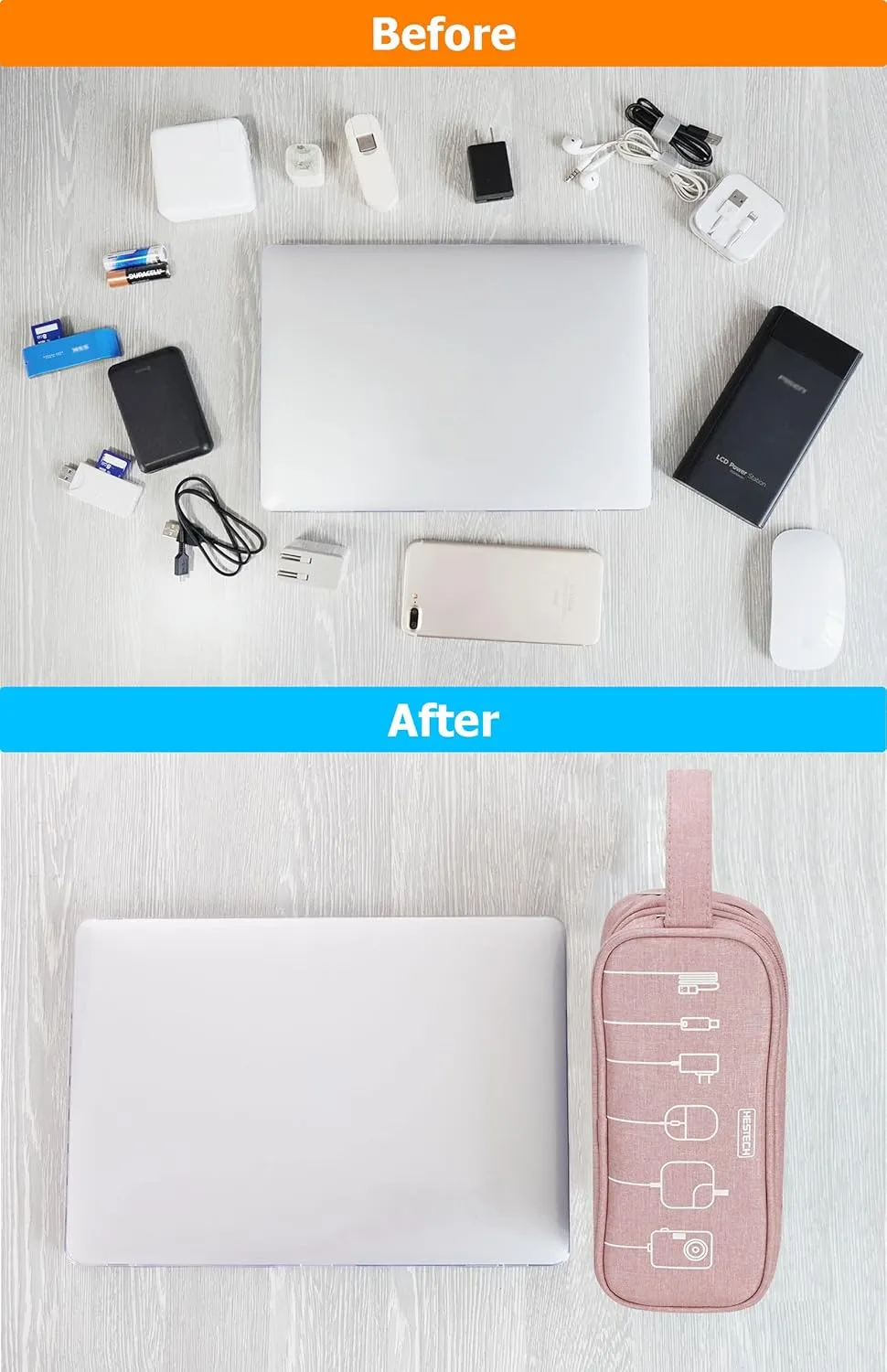HESTECH Electronics Organizer Travel Charger Case Cord Cable Organizer Bag Portable Waterproof Double Layers All-in-one Storage for Charger Mouse Earbud USB Drive (Pink, Medium)