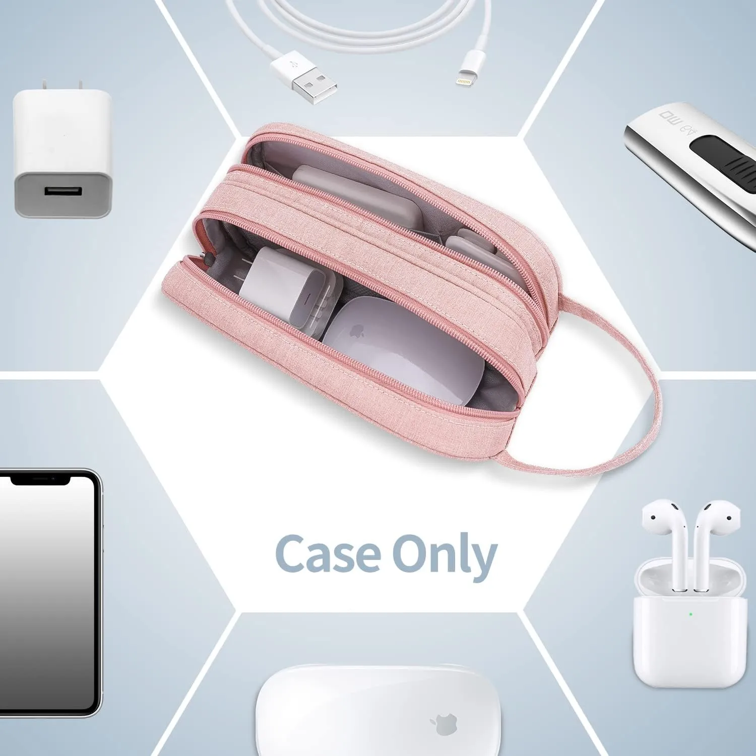 HESTECH Electronics Organizer Travel Charger Case Cord Cable Organizer Bag Portable Waterproof Double Layers All-in-one Storage for Charger Mouse Earbud USB Drive (Pink, Medium)