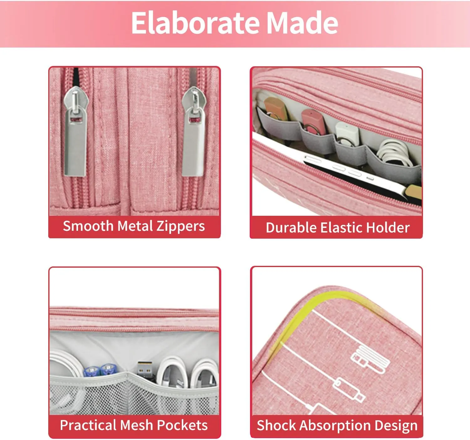HESTECH Electronics Organizer Travel Charger Case Cord Cable Organizer Bag Portable Waterproof Double Layers All-in-one Storage for Charger Mouse Earbud USB Drive (Pink, Medium)