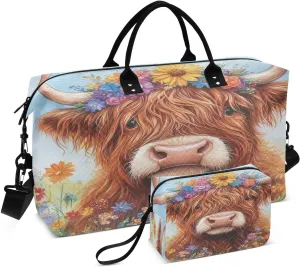 Highland Calf with Flowers Travel Duffel Bag, Shoulder Weekender Overnight Bags - Large Gym Bag with Wet Pocket