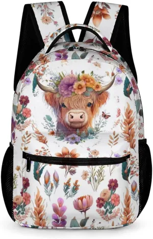 Highland Cow Backpack for Kids Girls Boys School, 16 Inches Cute Highland Cow Theme Bookbag, Adjustable, Lightweight, Large Capacity, Colorful Backpack for School